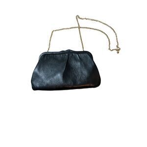 Vintage Ande Leather Black Clutch Purse Shoulder Metal Strap Gold Size Small